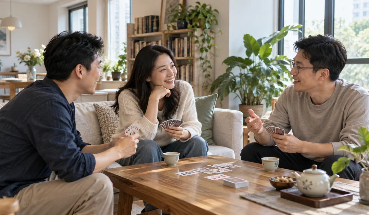 三位朋友在明亮客厅的茶桌旁交流